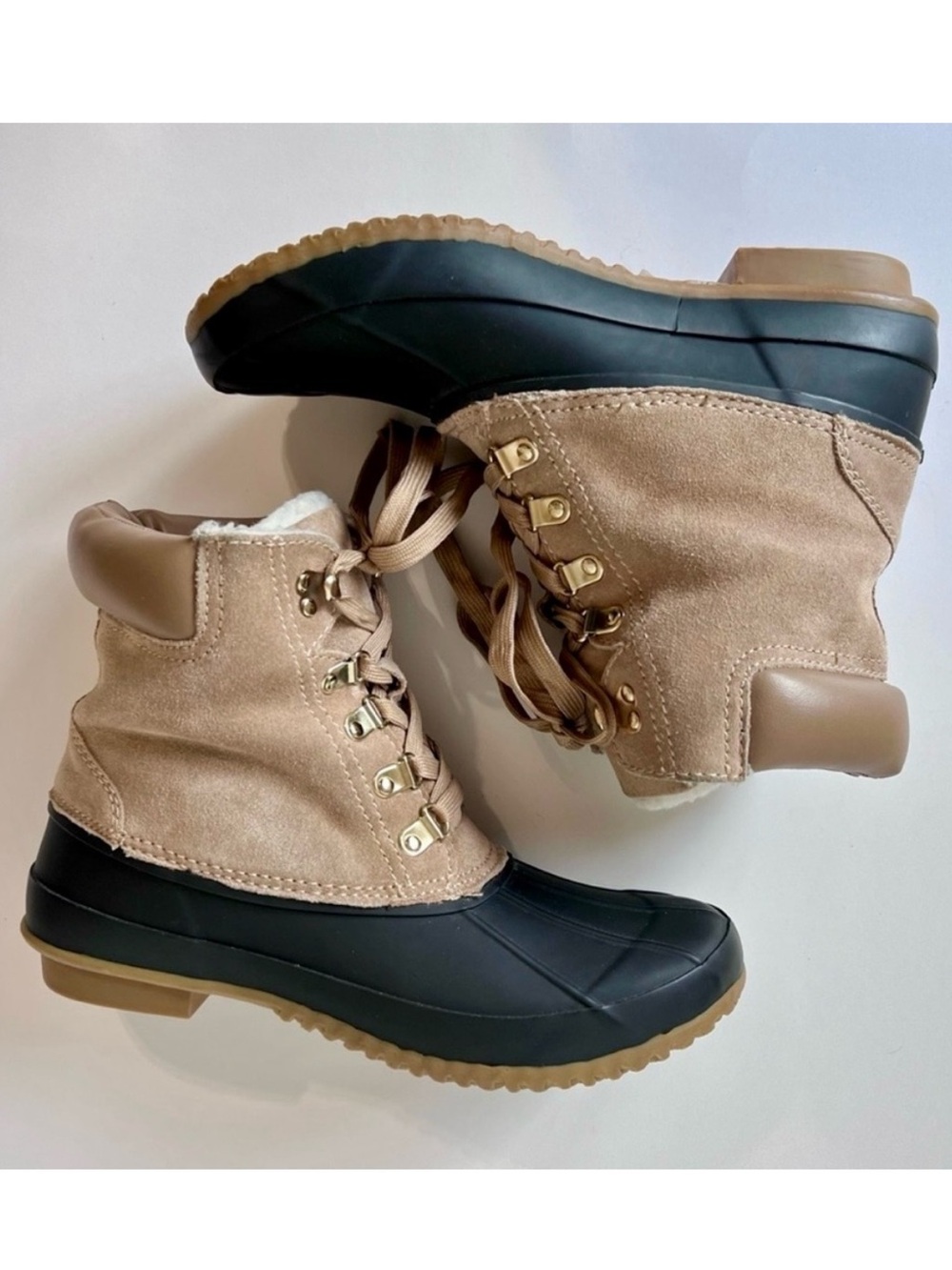 Joie Rubber Toe Duck Lace up Boots Suede Upper black beige rain winter size 38